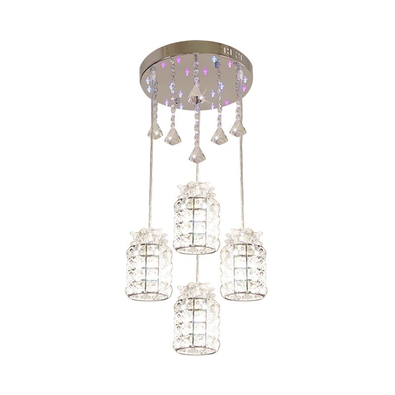 Lampada di sospensione cilindri minima Crystal Crystal a 4 luci a cluster Light in cromo cromata in cromo