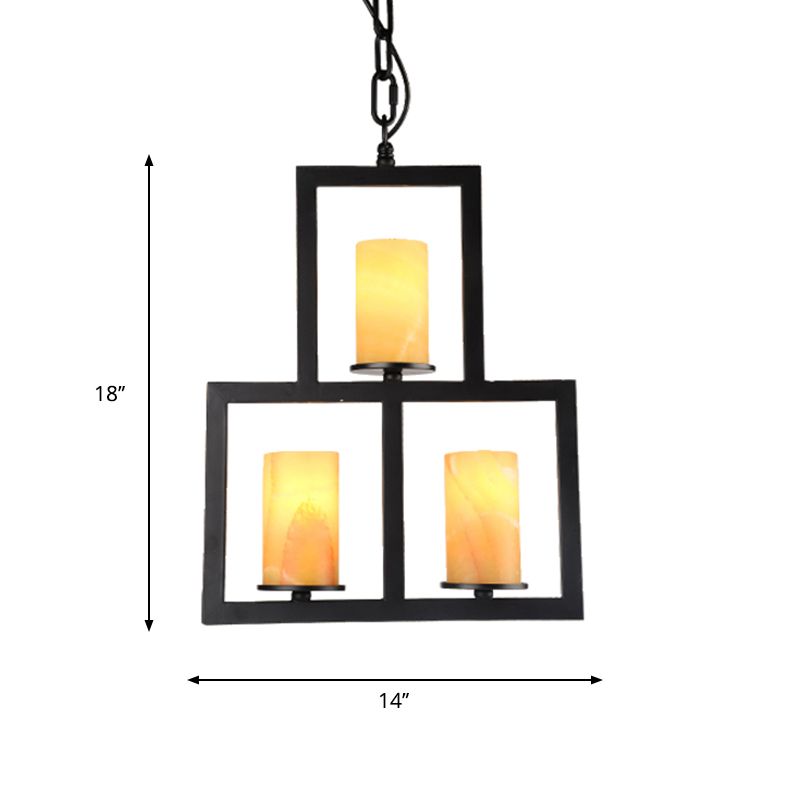 Yellow Dolomite Black Finish Chandelier Lamp Cylinder 3-Light Country Hanging Lighting with 3-Rectangle Frame