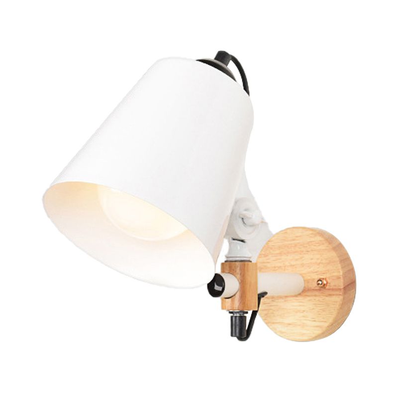 Bucket Shade Metal Wall Lamp Modernism 1 Light Corridor Wall Mount Light with Wooden Backplate in Black/White