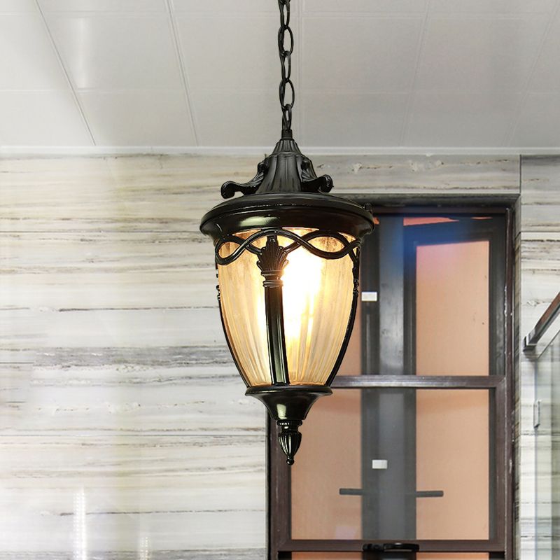 Country Pinecone Ceiling Light 1 Head Clear Ribbed Glass Suspension Pendant Lamp in Black/Brass