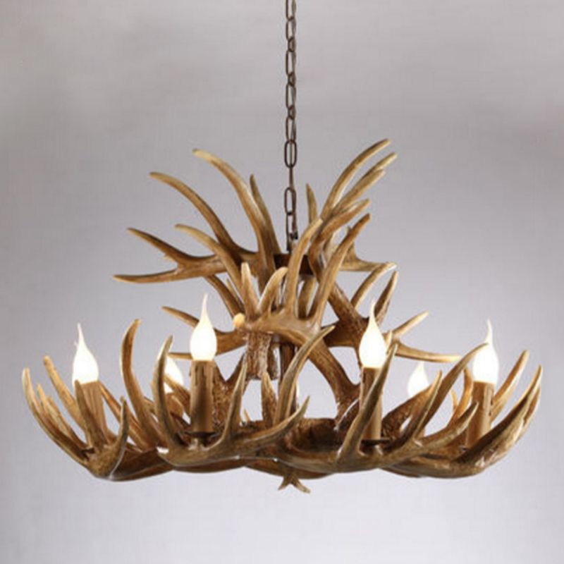 Brown Deer Horn Ceiling Lighting Traditional Resin Living Room Chandelier Light Fixture