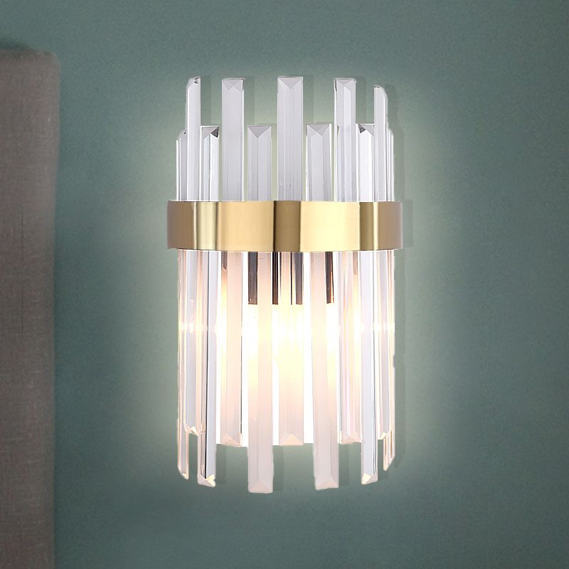2 Heads Bedroom Wall Light Postmodern Black/Gold Sconce Light Fixture with Half-Cylinder Three Side Crystal Rod Shade
