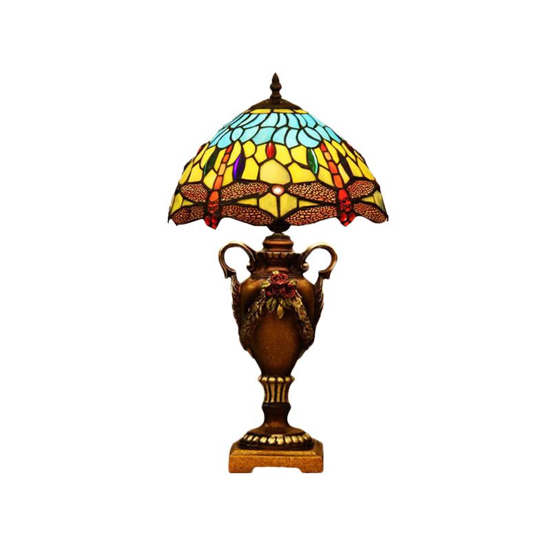 Victoriaanse kom vorm bureau licht 1 hoofd bevlekte kunstglas trofee nachttafellamp in blauw/groen met libelpatroon