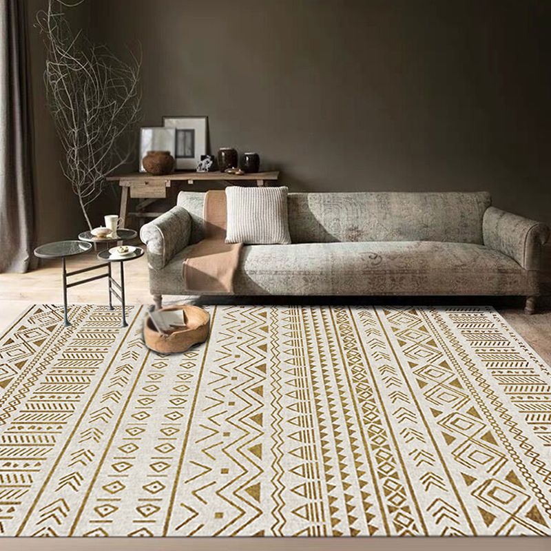 Stylish Tribal Geometric Pattern Rug with Stripe Grey Bohemian Rug Polyester Pet Friendly Non-Slip Backing Washable Area Rug for Living Room