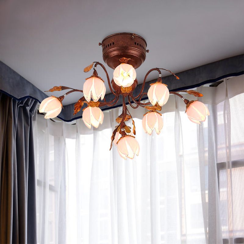 Lotus Metal Plafond Lampe pastorale Style 9 Bulbes Livrage Salon Semi Flush Facul