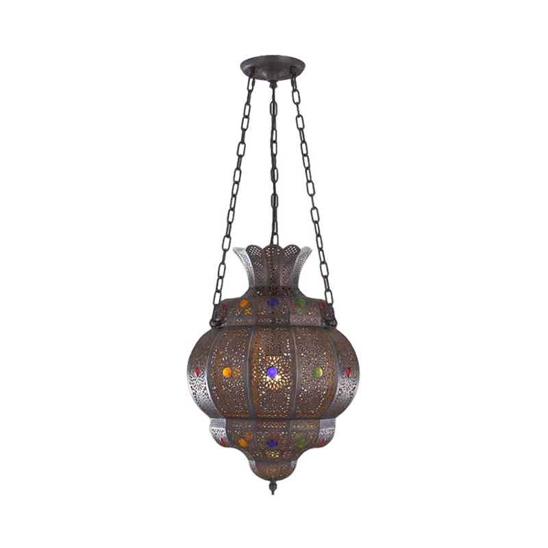 1 Head Carved Pendant Light Antique Bronze Metal Suspended Lighting Fixture for Restaurant