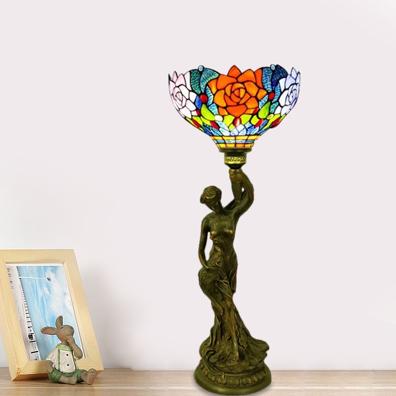 Bowl Table Lighting 1 Head Stained Glass Baroque Petal/Dragonfly Patterned Night Lamp in Brass with Resin Naked Woman Base