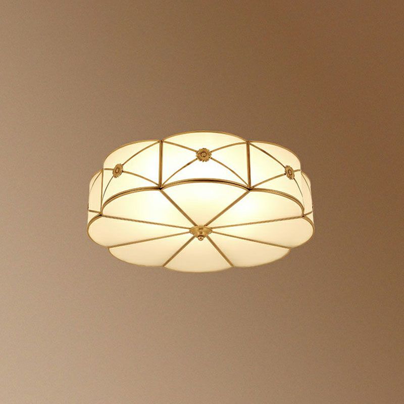 Floral Bedroom Ceiling Mounted Light Colonial Chic White Glass Brass Finish Flush Light