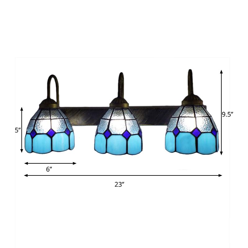 Mediterranean Dome Wall Light Fixture 3 Heads Blue Dimple Glass Sconce Lighting for Bathroom
