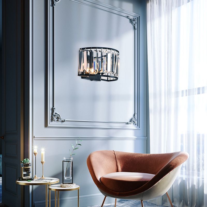 Black Metal Wall Sconce Geometric Shape Wall Light with Crystal Shade for Bedroom
