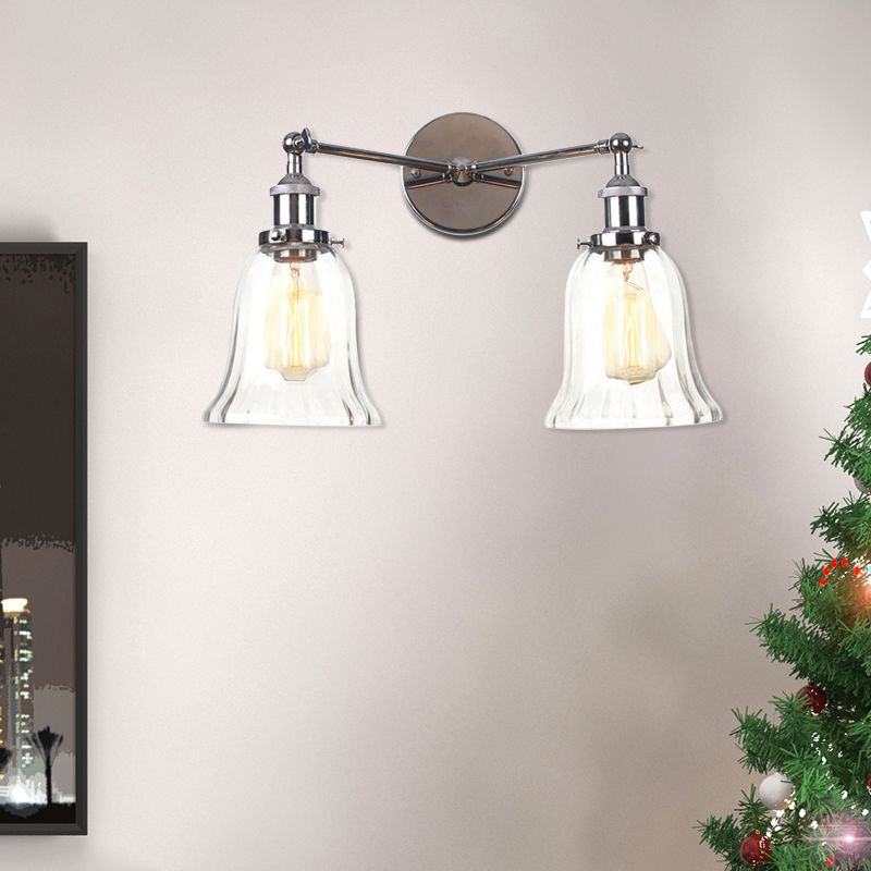 2 Lights Indoor Wall Lighting Industrial Style Black/Chrome/Bronze Sconce with Bell Clear Glass Shade