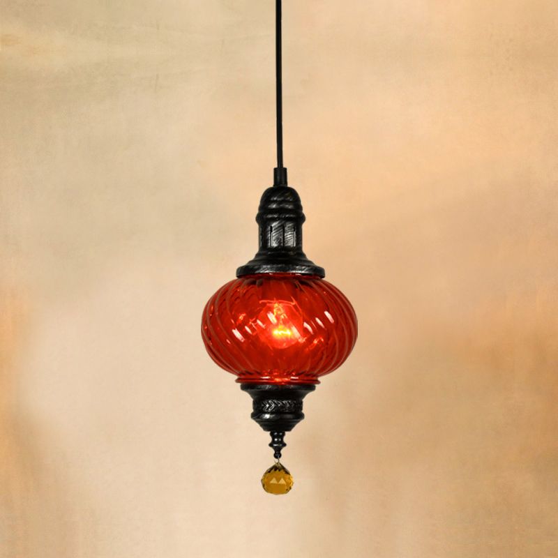 1 Light Pendant Lighting Moroccan Oval Red/Blue/Green Textured Glass Hanging Ceiling Light for Restaurant