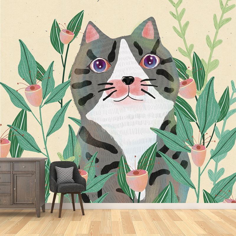 Kids Cat in Flowers Mural in Yellow-Green Waterproofing Wall Art for Child Bedroom