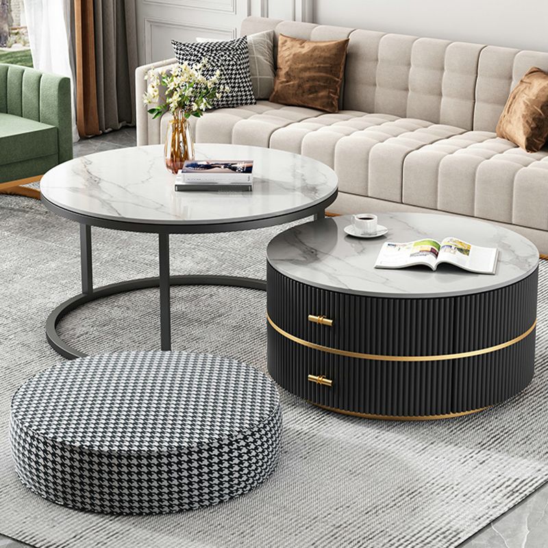 Round Slate Coffee Table Set Frame Cocktail Table with 2 Storage Drawers