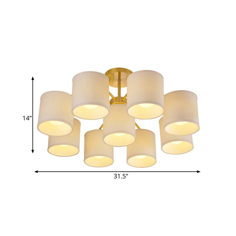Gold 9 Lights Semi Mount Lighting Colonialist Fabric Cylinder Metal Ceiling Light Fixture for Living Room
