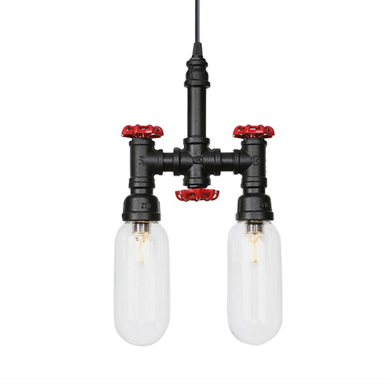Black Piping Chandelier Lighting Industrial Iron 2/4/5 Bulbs Coffee House Pendant Lamp with Pill Capsule Clear Glass Shade