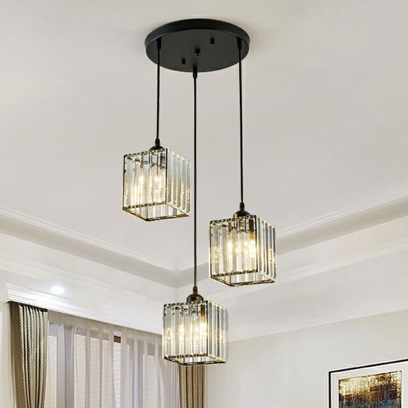 Shaded Multi-Light Pendant Modern Crystal Block 3-Head Dining Room Ceiling Light in Black
