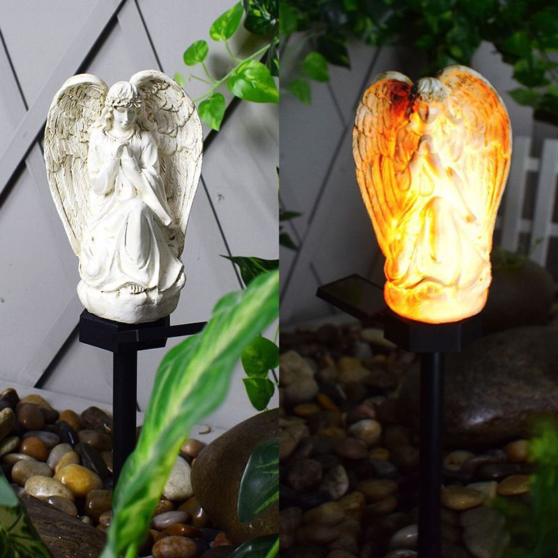 Resin Angel Shaped LED Lawn Lighting Artistic White Solar Stake Light for Backyard