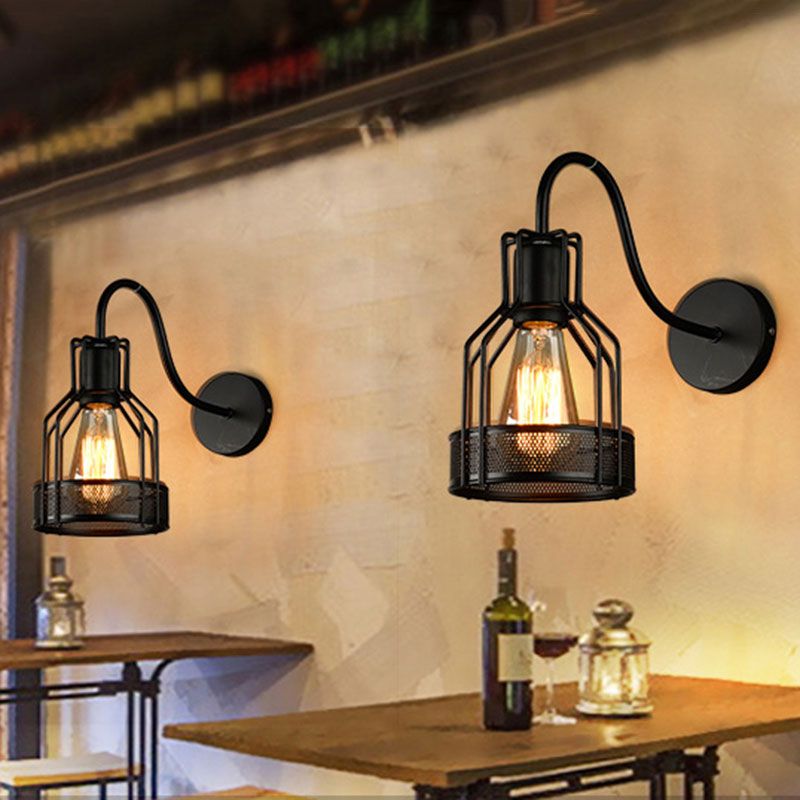 Bouteille Cage en métal Moup de montage avec un bras de col en bouche industriel 1 bar-barre d'éclairage mural en noir