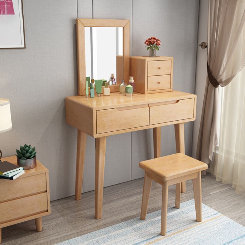 Scandinavian Solid Wood Vanity Dressing Table with Mirror, 30.7" Tall