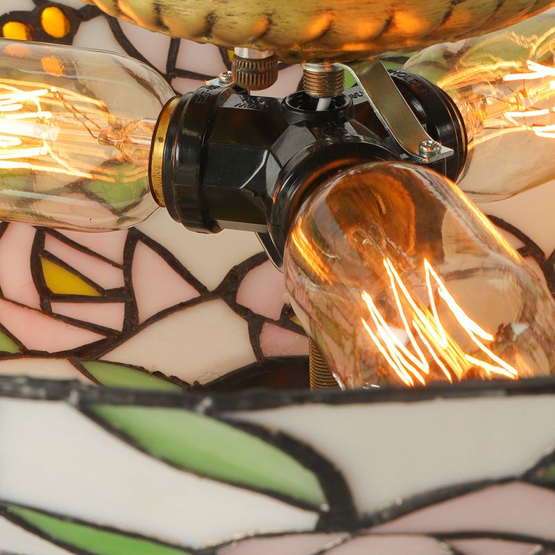 Pink and Green Bowl Flush Light with Rose Vintage Tiffany Stained Glass Flush Ceiling Light