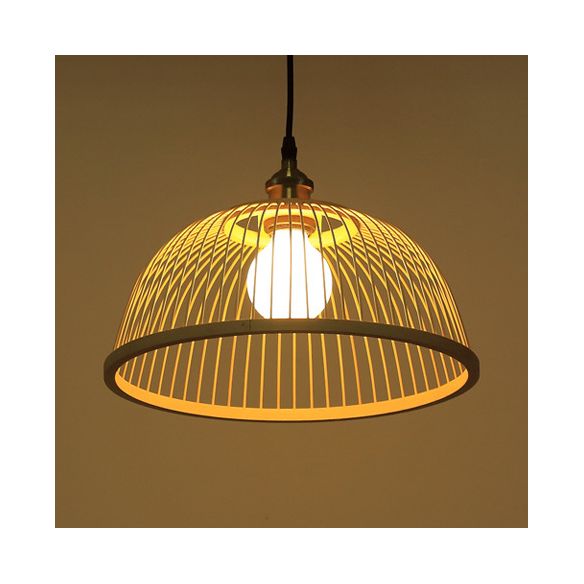 Asian Stylish Dome/Saucer Pendant Hanging Lamp Bamboo 1 Head Ceiling Light in Beige for Dining Room