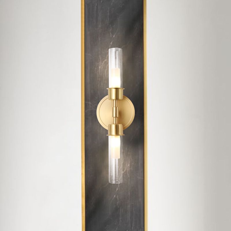 Modern Double Cylinder Wall Mount Light Clear Glass 2 Lights Brass Finish Wall Sconce