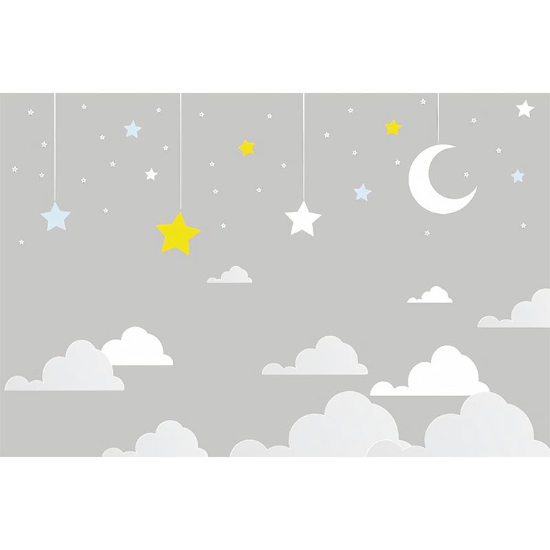 Cartoon Moon and Cloud Mural for Boy or Girl Minimalist Wall Covering, Custom Size Available