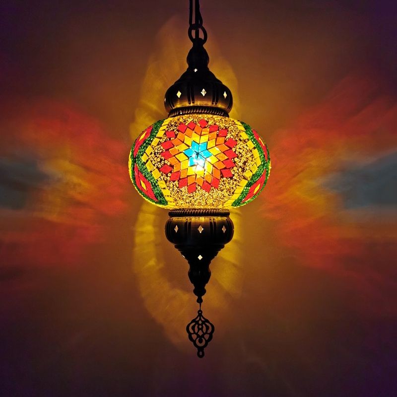 Stained Glass Oval Hanging Light Kit Traditional 1 Head Bedroom Pendant Lighting in White/Red/Orange