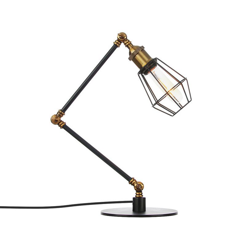 Wire Frame Table Lighting Industrial Style Metal 1 Light Black/Brass Finish Table Lamp with Adjustable Arm