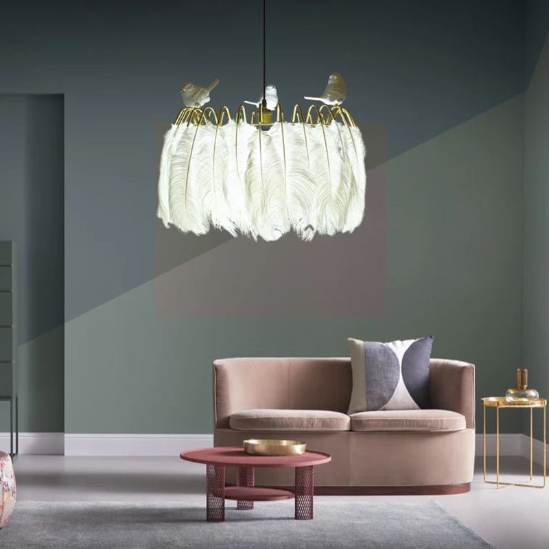 Drum Hanging Light Fixture Modern Feather Living Room Ceiling Pendant Lamp in White