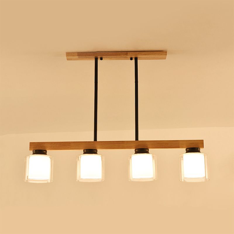 Double Glass Cylinder Shade Island Lighting Restaurant 3/4-Head Nordic Wooden Linear Pendant in White