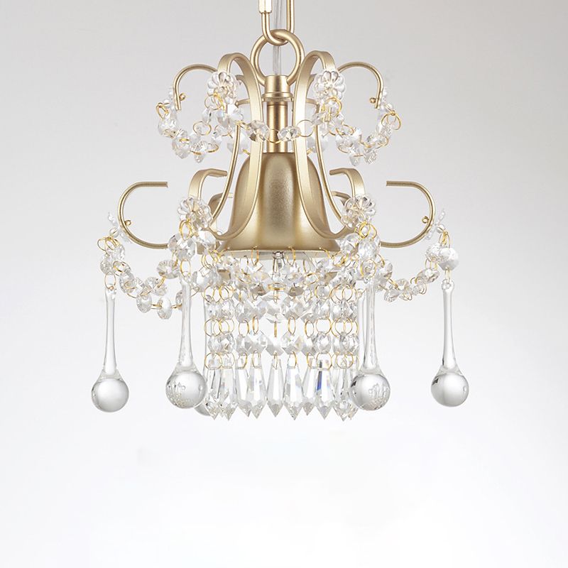 Gold 1 Bulb Pendant Lamp Classic Style Metal Scroll Frame Hanging Ceiling Light with Crystal Droplet