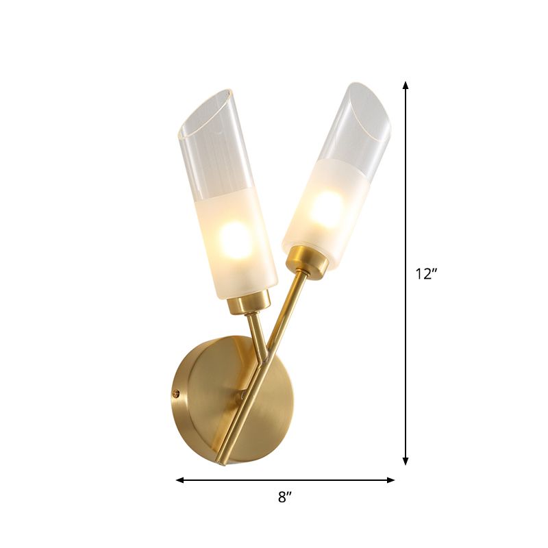 Beveled Tube Wall Light Sconce Post Modern Clear Glass 2-Light Brass Wall Lamp Fixture