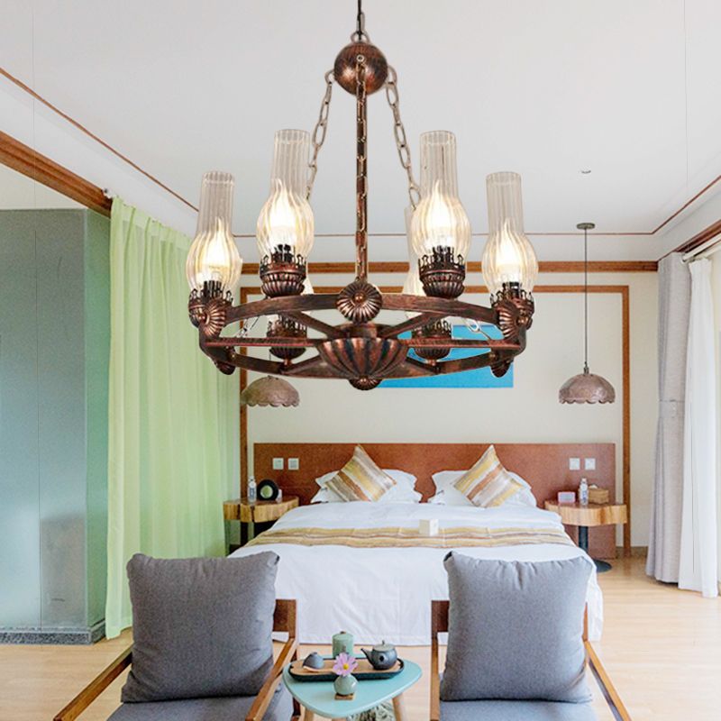 6 Bulbs Wagon Wheel Chandelier Light Traditional Clear Ribbed Glass Hanging Ceiling Fixture in Copper