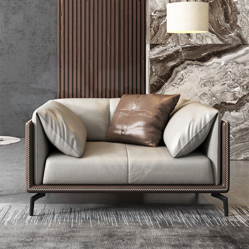 Pillow Top Arm Sofa Modern Leather Sofa with Pillows in Gray and Brown
