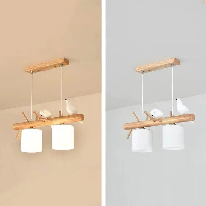 Modern Style Cylinder Shade Island Pendants 2-Lights Wood Pendant Lights for Dining Room