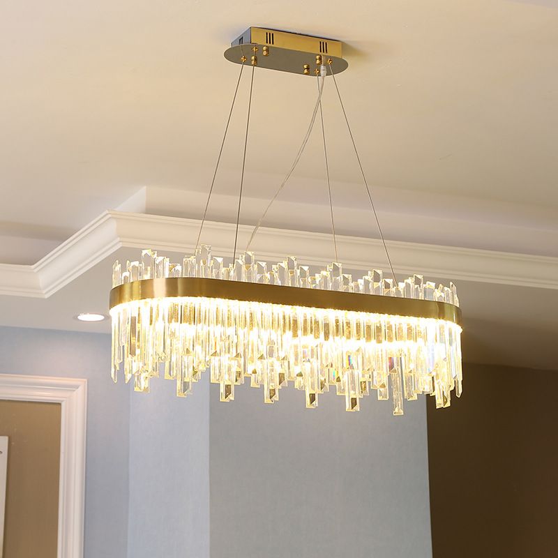 Oval Dining Room Hanging Lamp Kit Three Side Crystal Rod Postmodern LED Chandelier Light in Gold