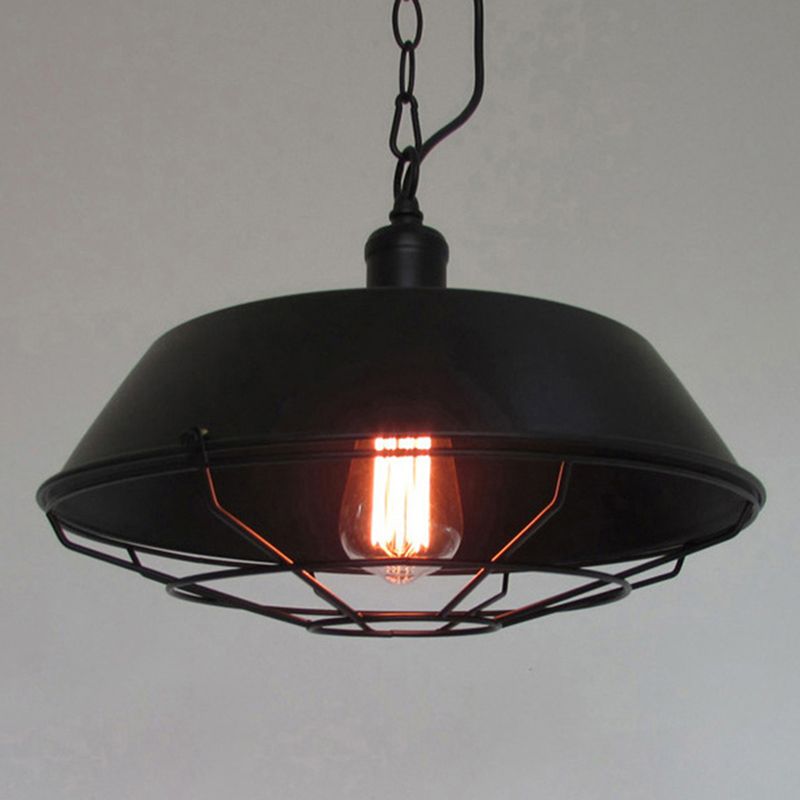 1-Light Wrought Iron Lid Shaped Hanging Light Retro Industry Style Iron Cage Shade Pendant Lamp for Restaurant
