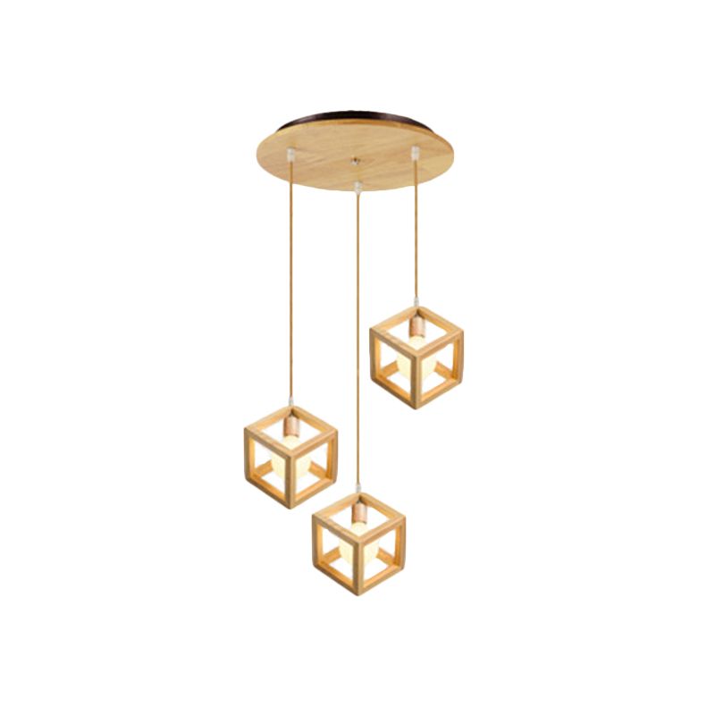 Square Shaped Multi Light Pendant Simple Wooden 3 Bulbs Kitchen Hanging Light Fixture