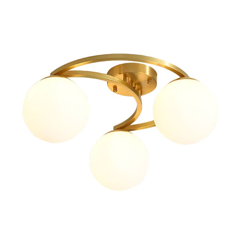 Modern Ball Milk Glass Flush Light 3/6 Heads Close to Ceiling Lamp with Crescent Canopy in Brass