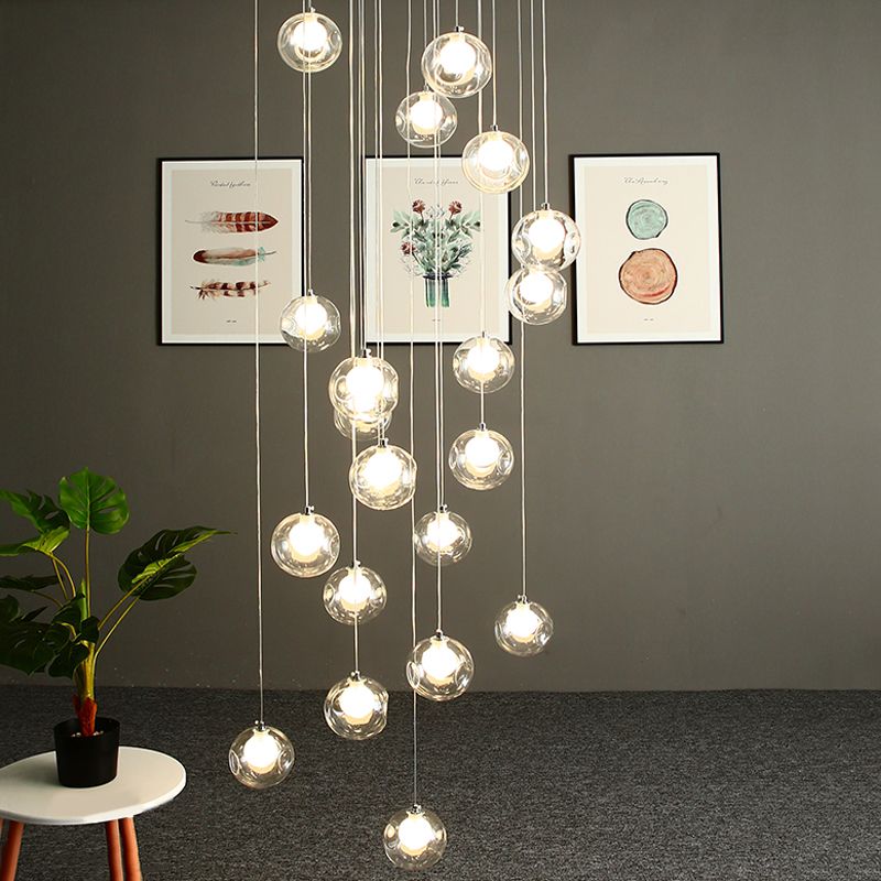 16 Heads Hanging Lighting Modernist Ball Clear Dimpled Glass Multi Lamp Pendant in White