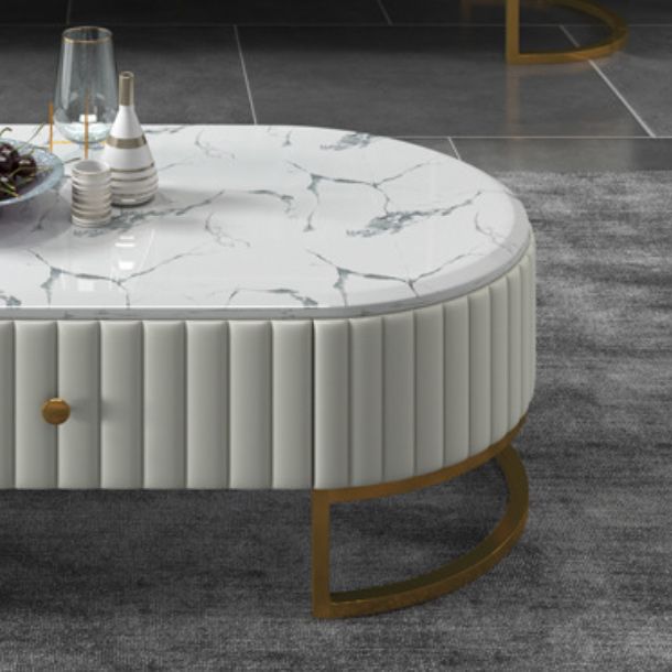 Glam Style Oval Coffee Table with 1 Drawer and Stone Top and Iron Base