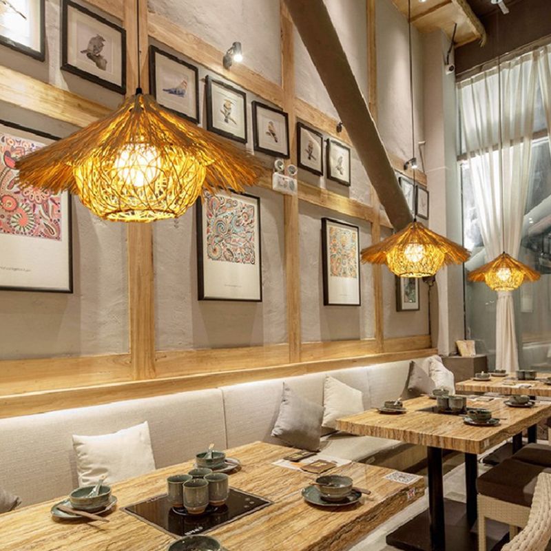 Contemporary Nest Pendant Lighting Fixture Rattan Restaurant Hanging Ceiling Light in Beige