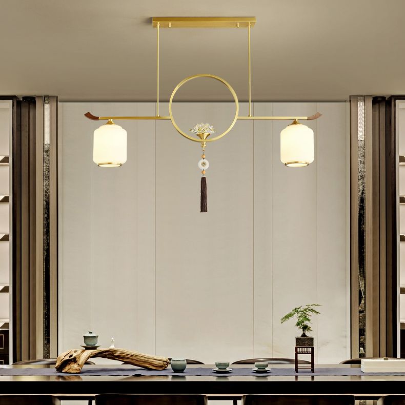 Modern Style Cylindrical Shape Island Lights White Glass 2-light Island Lighting in Gold