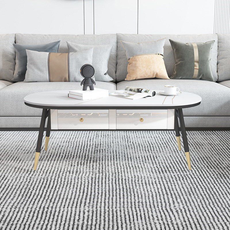 Glam Style with 2 Drawers Black/White Top Gold Metal Footer Coffee Table