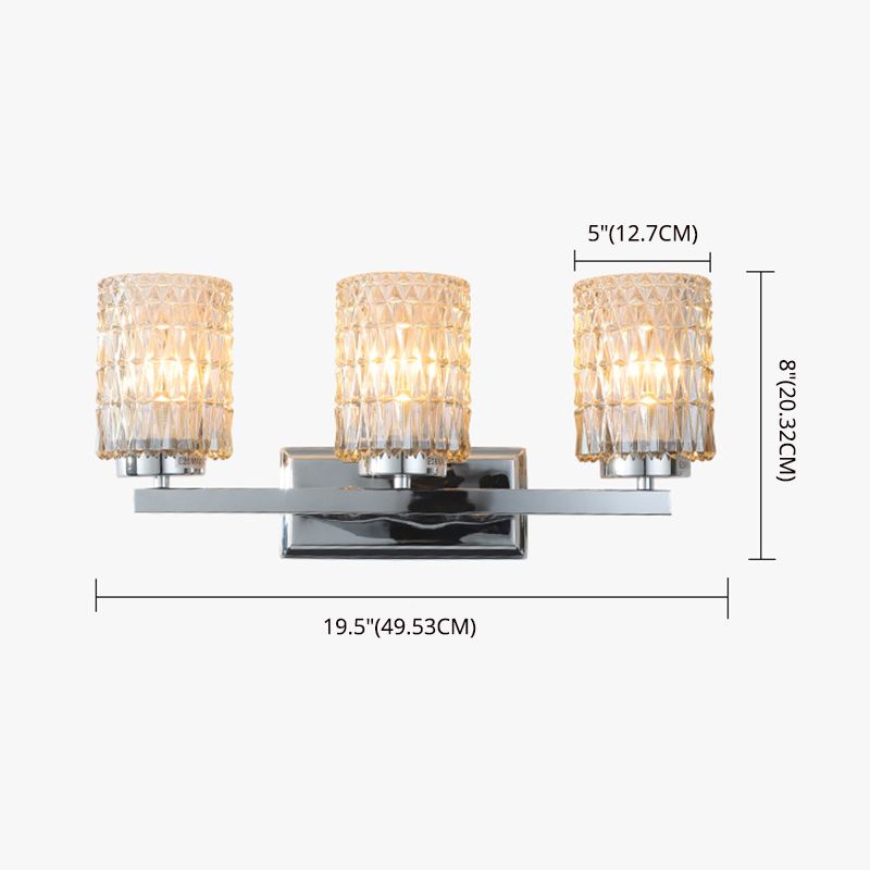 3-Light Cylindrical Vanity Lamp Traditional Chrome Lattice Glass Wall Sconce for Bathroom