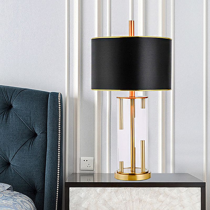 Lámpara nocturna de forma de tambor tradicional 1 lámpara de mesa nocturna de tela de bulbo en negro con cilindro base de vidrio transparente