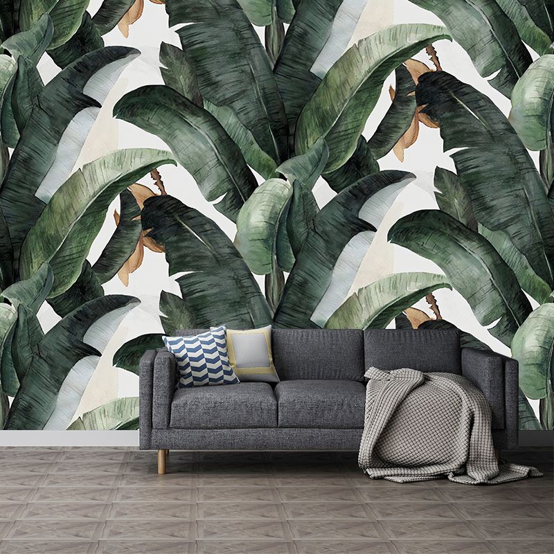 Tropical Banana Leaves Mural Wallpaper for Living Room Decoration, Green and White, Custom-Printed