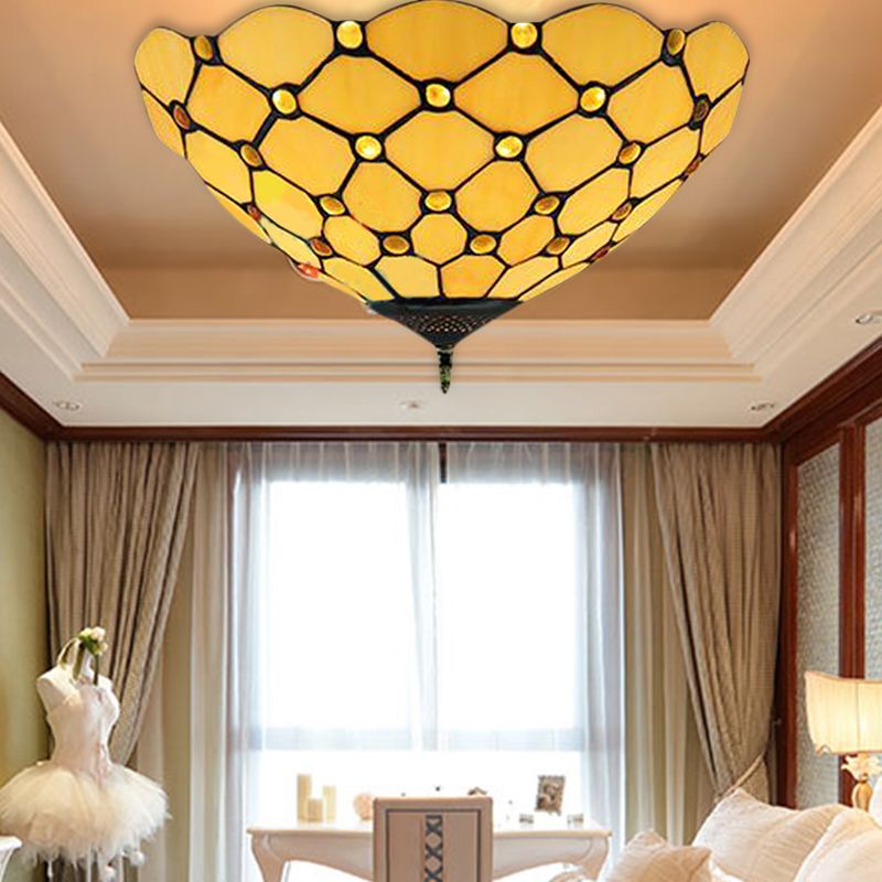 Beige / Black Bowl-Shaped Ceiling Light Fixture Tiffany Stained Glass 1/2 Lights Flushmount Ceiling Light